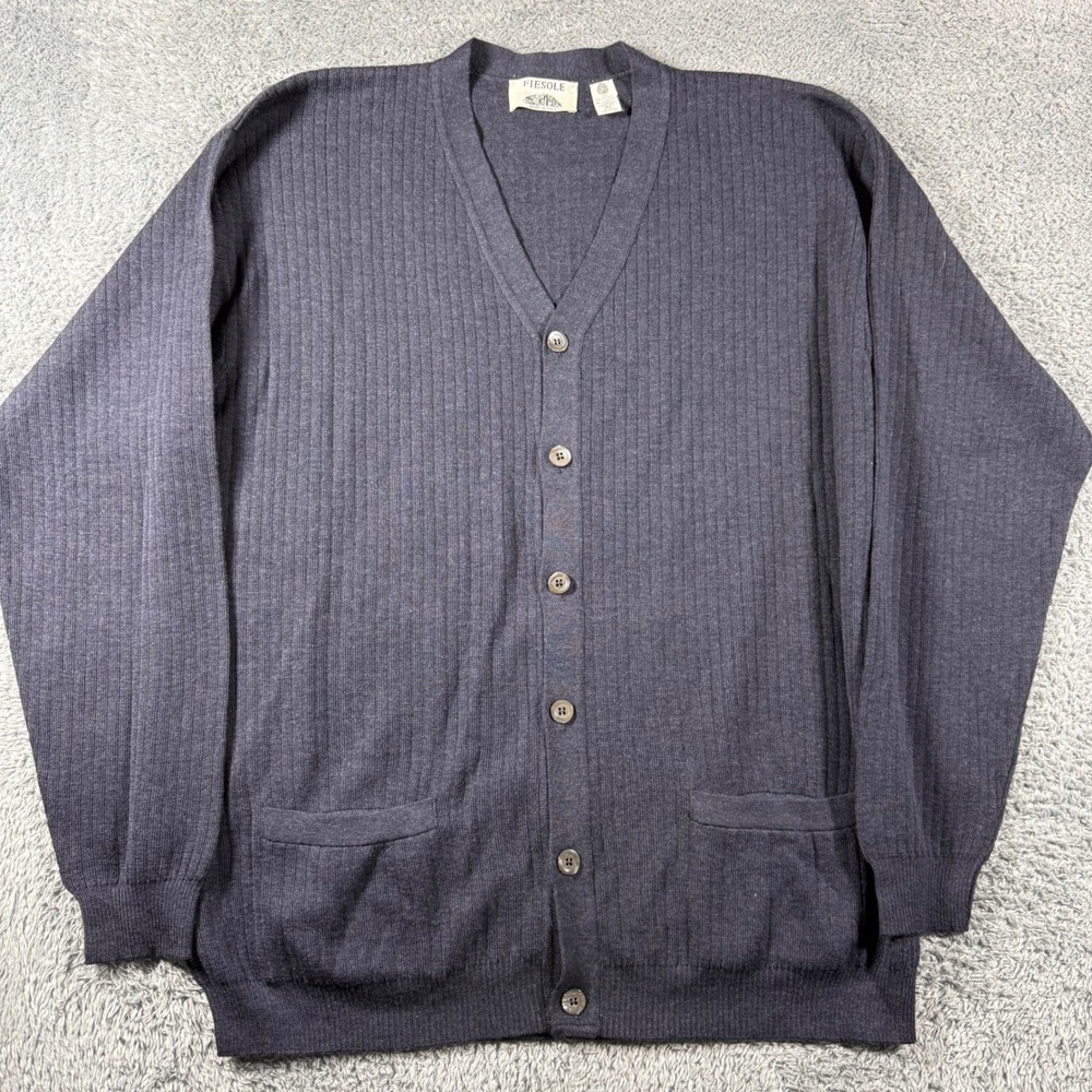 Fiesole Cardigan Sweater Mens XLT Grey Merino Wool Ribbed Knit Made in Italy